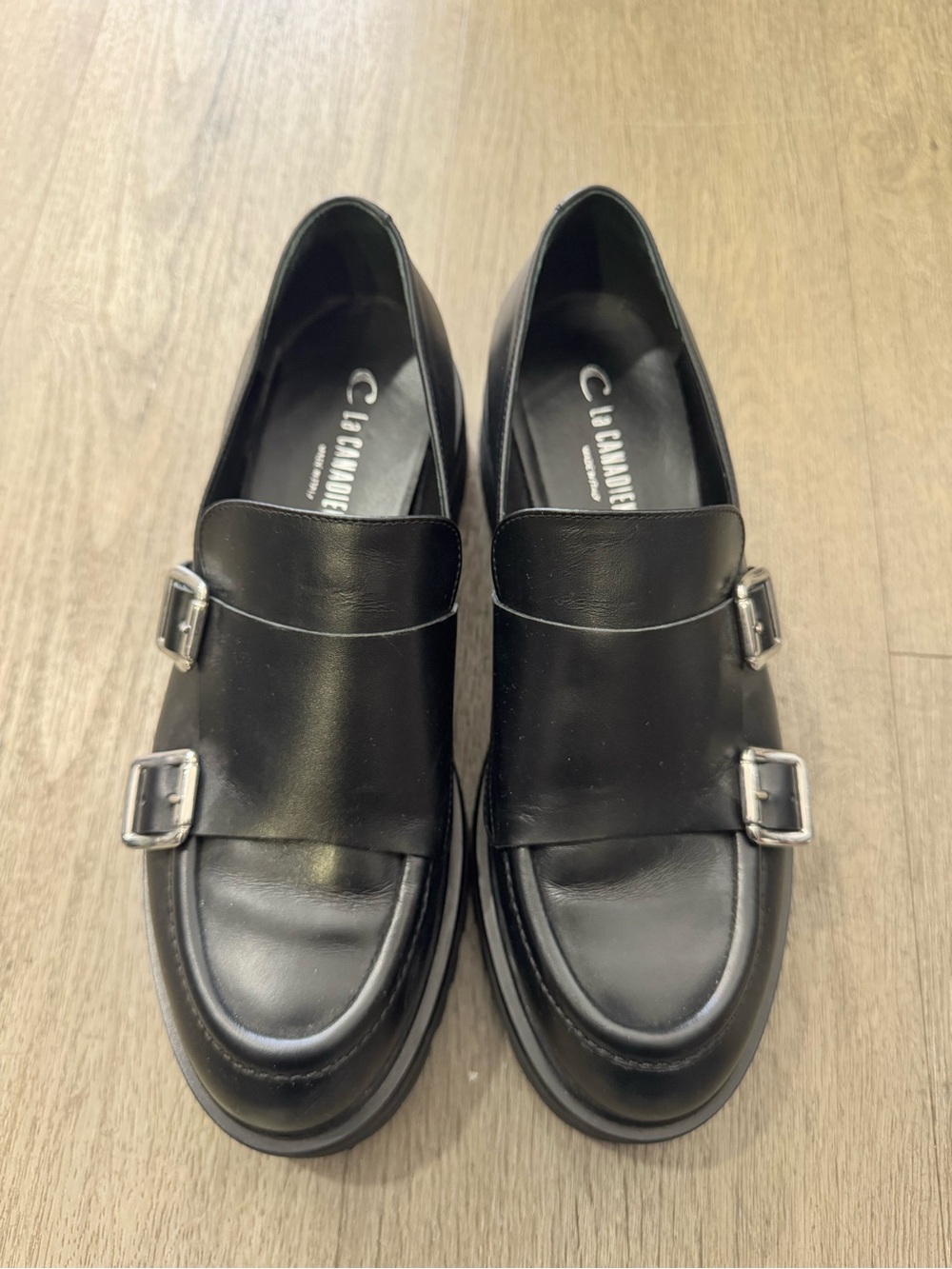 La Canadienne Black Leather Double Buckle Loafers Made in Italy EU 39